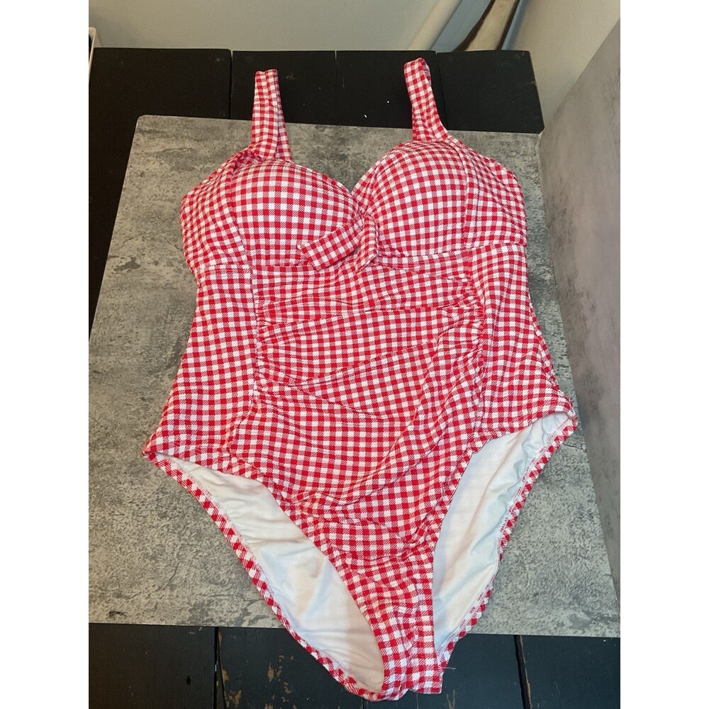 Sol Borne Woman's One Piece Gingham Swimsuit Size 2X Red White Bow Lined Cups